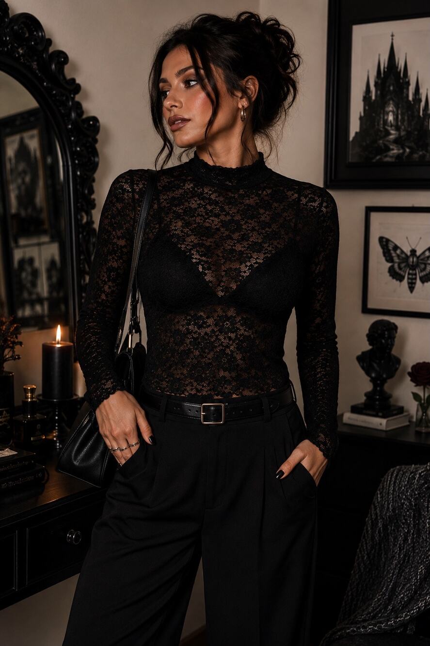 Moda International Blk Lace Mock Neck Top S Sheer Gothic Office Siren Coquette